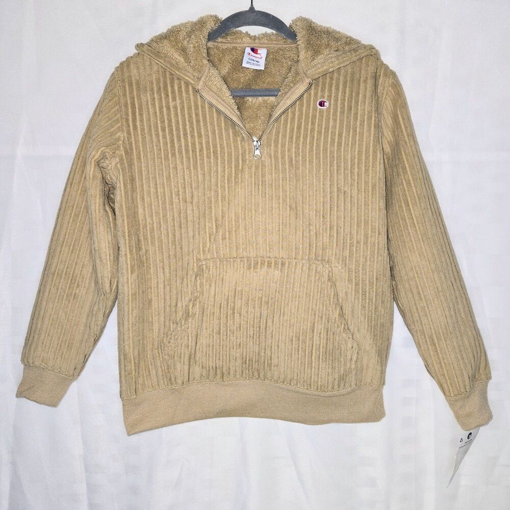 CHAMPION Hoodie Corduroy High Pile Fleece 1/4 Zip Tan Teen Large 14/16 NEW NWT - Picture 2 of 11